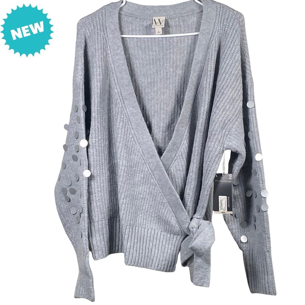 Worthington Cardigan Women's Size Large Sweater Wrap Knit Sequins Gray NEW